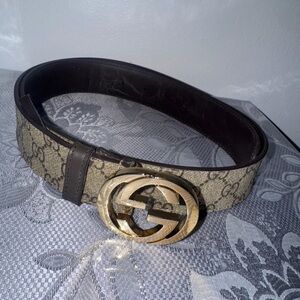 Gucci Monogram Beige and Brown Belt with Gold GG Buckle